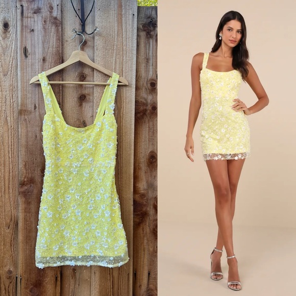 Yellow Sequin Flowers Beaded Bodycon Mini Dress 🌿 - Picture 3 of 11